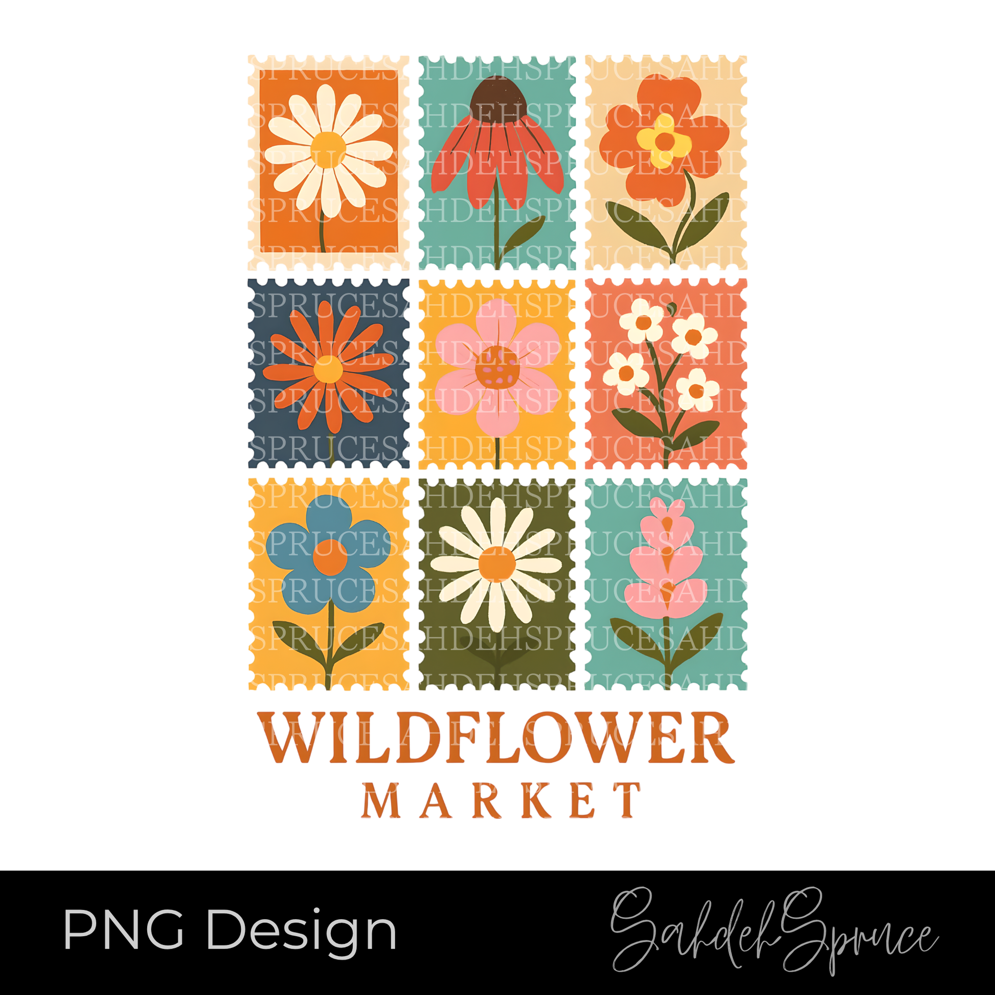 Wildflower Market PNG digital design featuring colorful retro wildflowers displayed in vintage postage stamp-style squares with market-inspired typography.