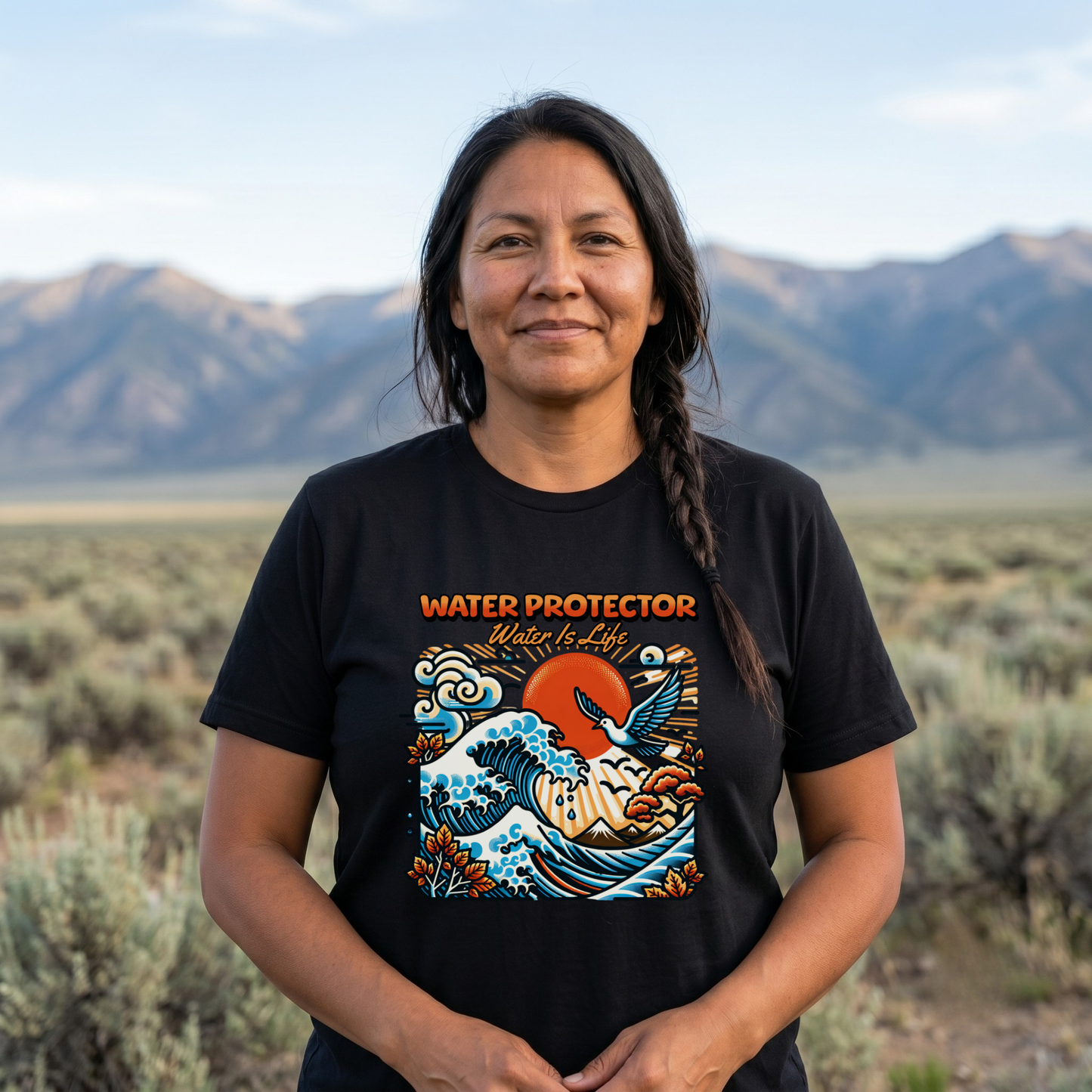 t-shirt featuring a colorful "Water Protector – Water Is Life" graphic with ocean waves, birds, mountains, autumn leaves, and a vibrant sunset, symbolizing environmental stewardship and respect for water. water protector shirt, water is life t-shirt, indigenous environmental apparel, protect our water shirt, environmental awareness tee, sustainability shirt, indigenous advocacy clothing, water stewardship apparel, activist graphic tee, nature lover t-shirt, earth day apparel, eco conscious clothing, environ