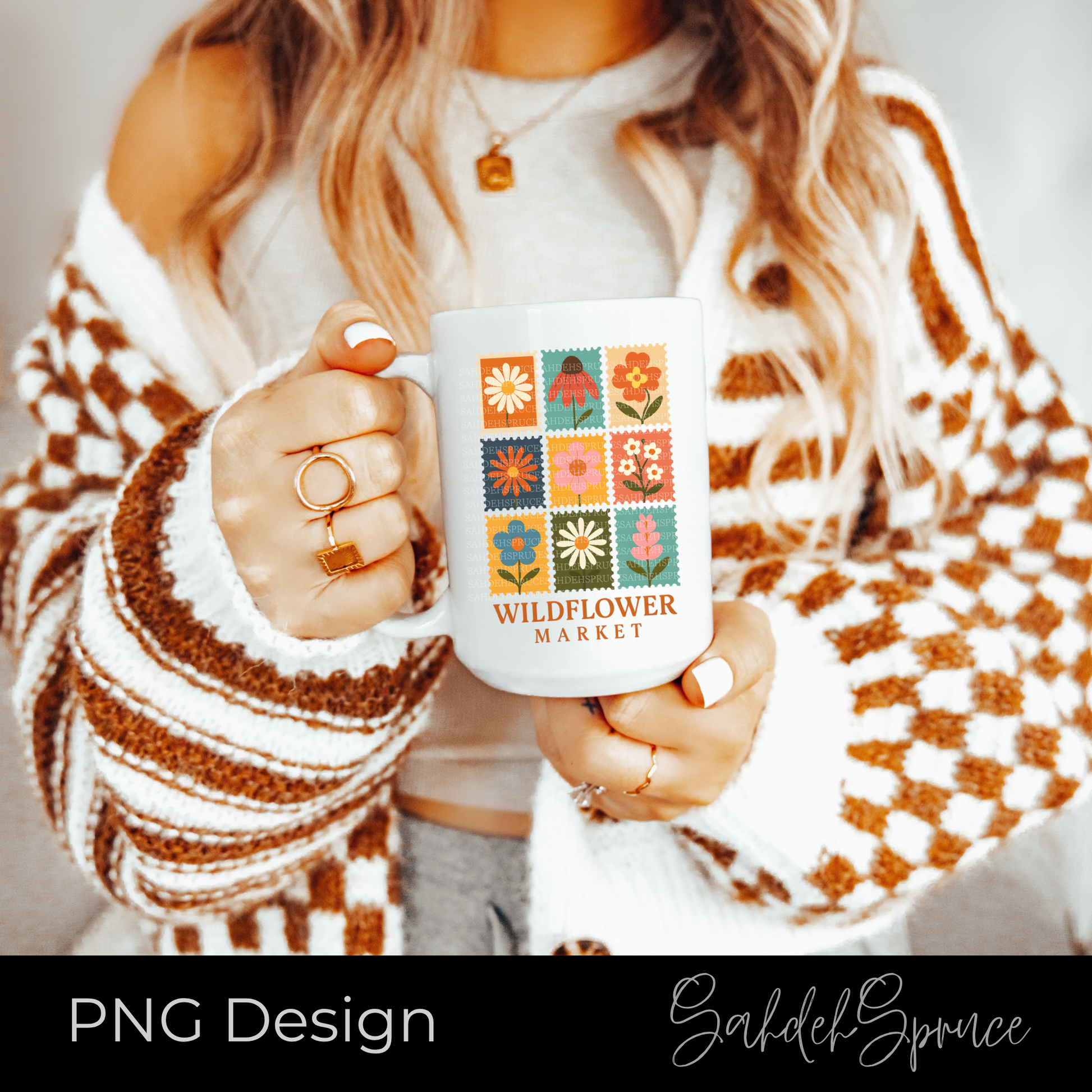 Wildflower Market PNG digital design featuring colorful retro wildflowers displayed in vintage postage stamp-style squares with market-inspired typography.